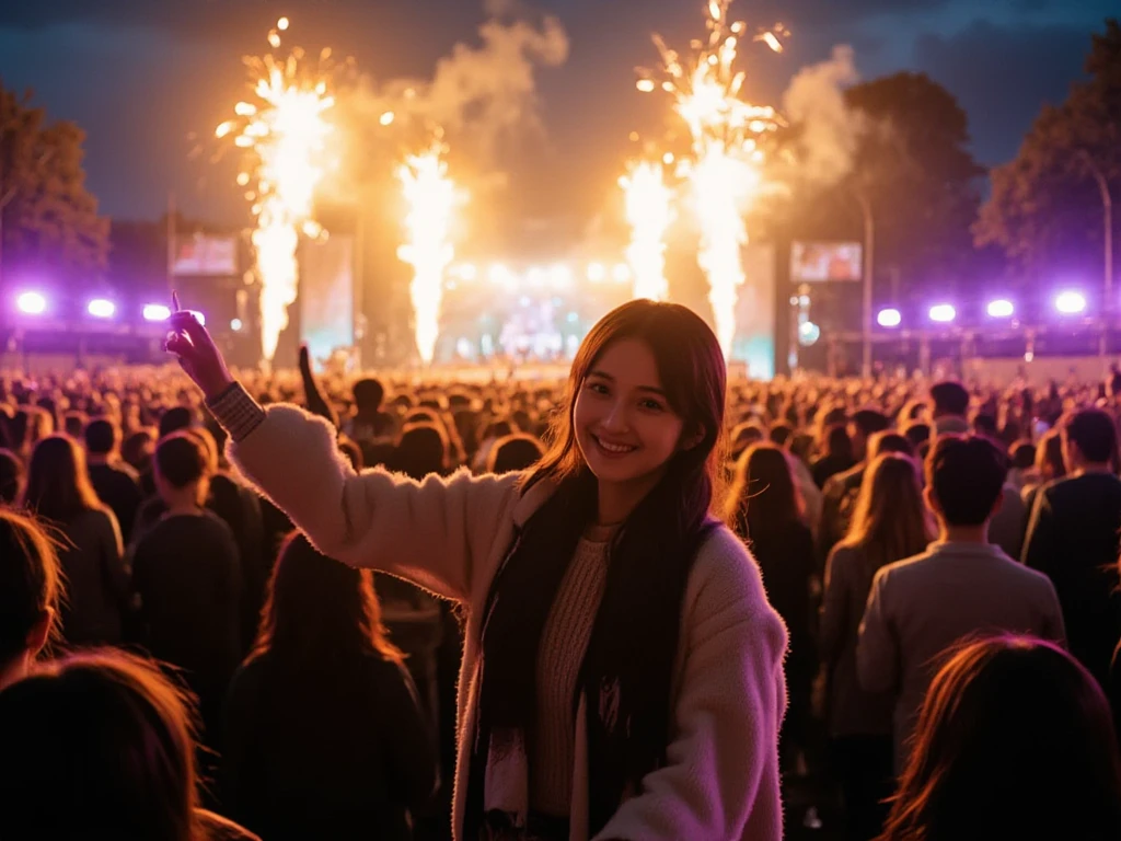 A vibrant and festive New Year  scene at night, featuring a crowd of people celebrating outdoors. The focus is on silhouetted figures with their hands raised in joy and excitement, facing a dazzling display of fireworks lighting up the night sky. The fireworks are colorful and dynamic, casting warm and golden hues over the crowd and creating a magical atmosphere. In the foreground, a girl is standing slightly apart from the crowd, but she is turning back toward the viewer, her face illuminated by the warm glow of the fireworks. She has a welcoming and cheerful expression, her arm extended toward the viewer as if inviting them to join the celebration. She is wearing a stylish winter coat and scarf, with her hair slightly tousled by the cool evening breeze. The background features a stage with blurred performers and warm lighting, adding to the energy of the celebration. The scene conveys excitement, warmth, and an inviting sense of joy as the New Year begins.