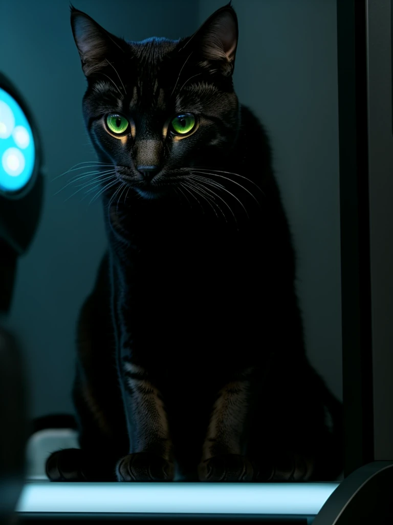 A cat in Terminator Genesis movie, at Skynet centre, sorrounden by computers, digital technology and AI creatures.