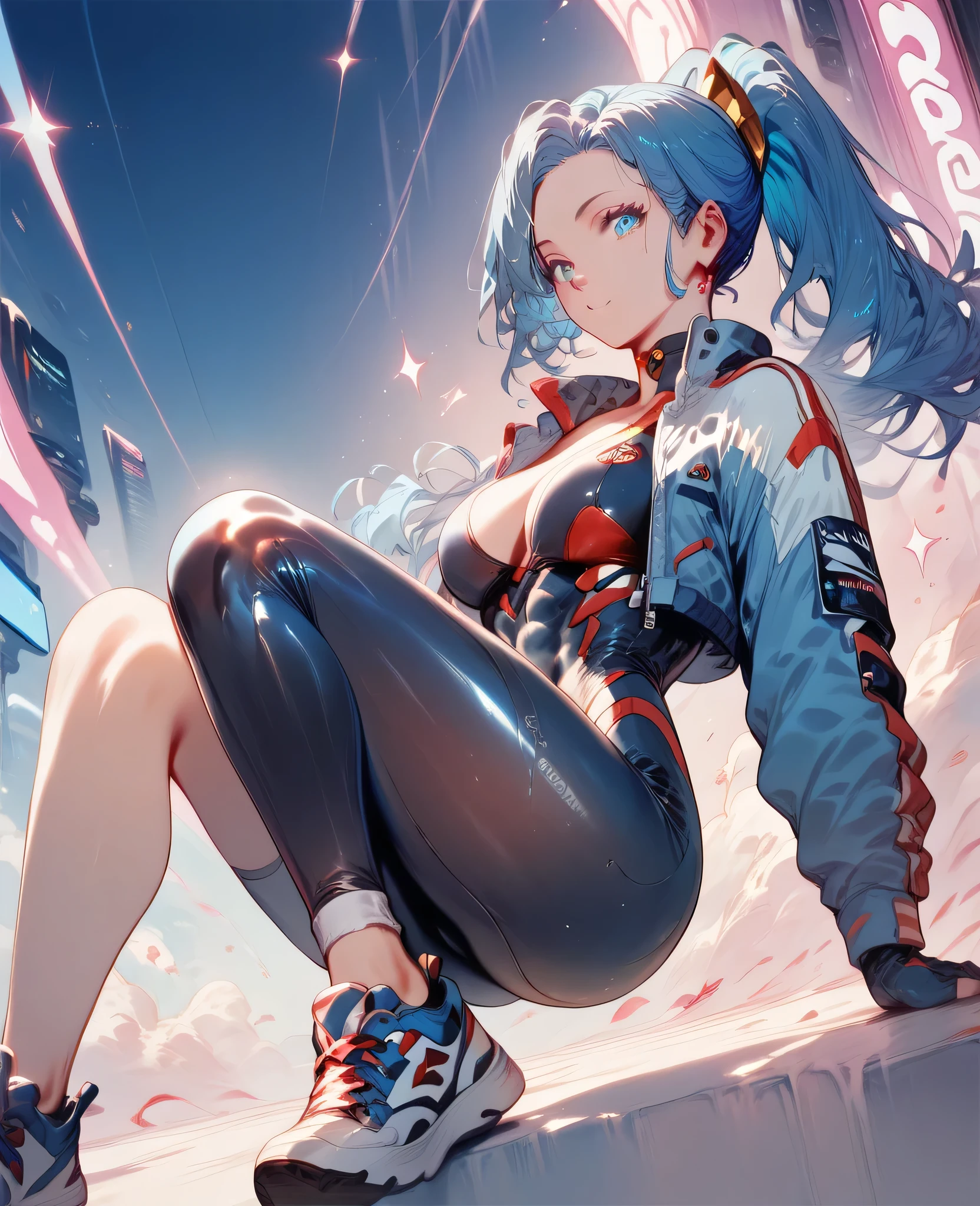 Beautiful girl with blue hair with a ponytail, tall blue eyes with red sparkles, with an athletic body wearing a futuristic rubber suit, a futuristic katana and some futuristic sneakers. 