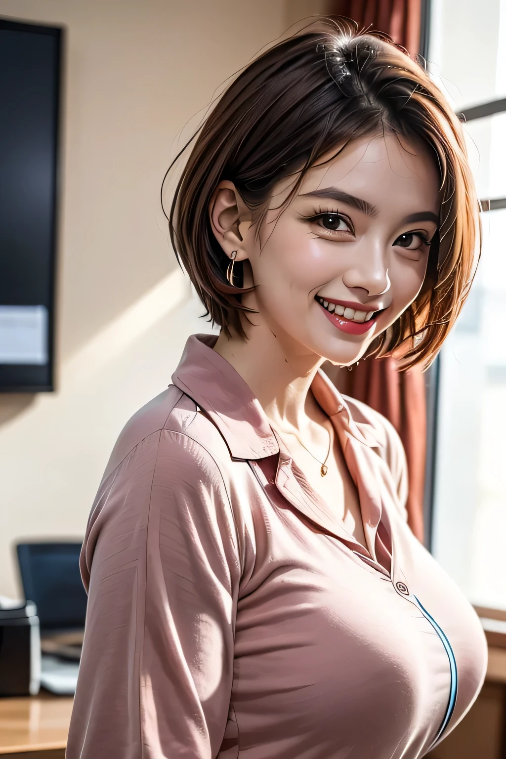 ((masterpiece, 最 High Quality , High Quality :1.4, 16k)), (1girl), office, ( Portrait :1.1),
grin, lipstick, Compensate, ultra detail hair, super detailed face, perfect eyes, perfect face, ( beautiful alignment of teeth), pixie cut, earrings for women with first name, pink shirt, business services ,
(Big Breasted :1.1), clevis on a stone