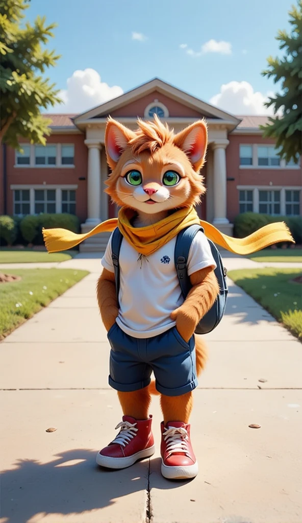 A wide angle view of a  front. Whiskers stands on the driveway ready to walk in to school. Whiskers: A fluffy orange tabby kitten with bright green eyes, a pink nose, and a mischievous smile, dressed in a white Y-shirt, navy-blue backpack, red sneakers, and a yellow-striped scarf that flutters as he moves. 3D render. 