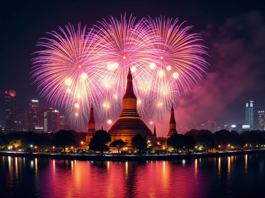 (masterpiece: 1.3), (8k, photorealistic, RAW photo, best quality: 1.4), ((colorful fireworks over bangkok skyline and wat arun, chao phraya river, thailand)), camera angle from top