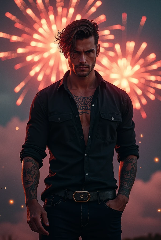 man.  brown hair .  brown eyes. Tattoos.  black shirt . Blick haughtily. black pants. Fireworks in the background 