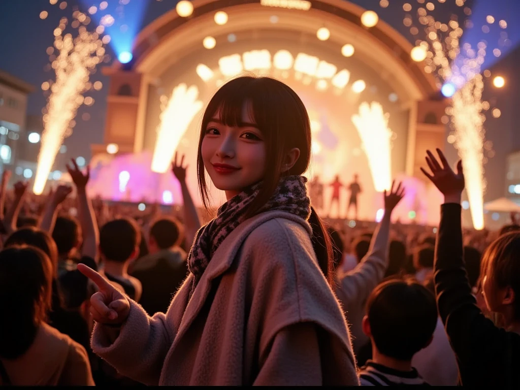 A vibrant and festive New Year  scene at night, featuring a crowd of people celebrating outdoors. The focus is on silhouetted figures with their hands raised in joy and excitement, facing a dazzling display of fireworks lighting up the night sky. The fireworks are colorful and dynamic, casting warm and golden hues over the crowd and creating a magical atmosphere. In the foreground, a girl is standing slightly apart from the crowd, but she is turning back toward the viewer, her face illuminated by the warm glow of the fireworks. She has a welcoming and cheerful expression, her arm extended toward the viewer as if inviting them to join the celebration. She is wearing a stylish winter coat and scarf, with her hair slightly tousled by the cool evening breeze. The background features a stage with blurred performers and warm lighting, adding to the energy of the celebration. The scene conveys excitement, warmth, and an inviting sense of joy as the New Year begins.