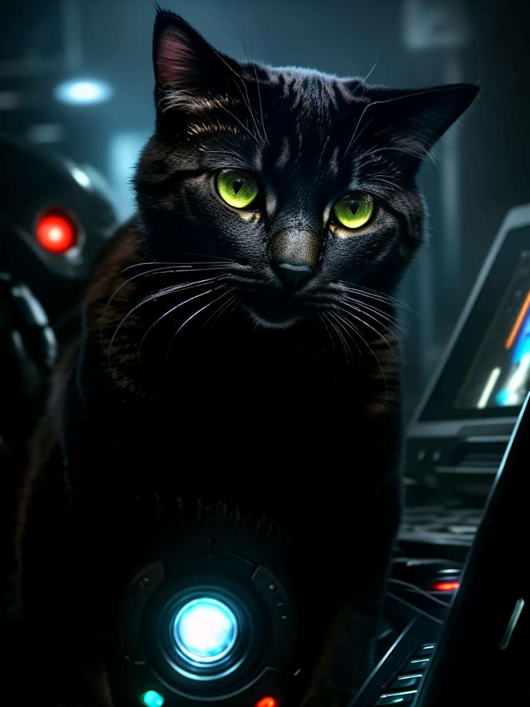 a cat in terminator genesis movie, at skynet centre, surrounded by computers, digital technology, ai creatures, highly detailed, cinematic lighting, dynamic composition, moody atmosphere, dramatic shadows, intricate details, vibrant colors, photorealistic, 8k, masterpiece