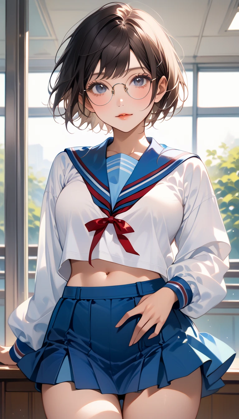 score_9, score_8_Excellent, score_7_Excellent, Realistic:1.2, realistic face and eyes:1.3, Realistic skin:1.3, Japanese idol photos, Beautiful young idol, 1, Perfect model body shape., tomboy, (very short hair, pixie cut, Black Hair), circle-glasses, (((Captivating beauty))), big eyes, double eyelid, Attractive eyes, Glossy Lips, perfect female body, Big Breasts:1.8, Cleavage, Firm stomach, (((belly button))), Round ass:1.4, Toned thighs, Beautiful hands and feet, very good, KitaHighFemaleWinter, white shirt, blue sailor collar, long sleeves, red ribbon, blue skirt, Seductive pose, class room, school Background, Attention to detail, Anatomically correct, Textured skin, high quality