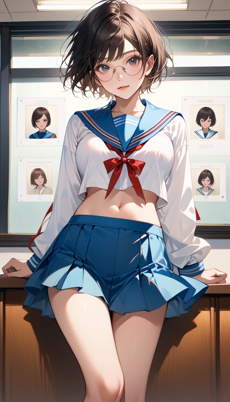 score_9, score_8_Excellent, score_7_Excellent, Realistic:1.2, realistic face and eyes:1.3, Realistic skin:1.3, Japanese idol photos, Beautiful young idol, 1, Perfect model body shape., tomboy, (very short hair, pixie cut, Black Hair), circle-glasses, (((Captivating beauty))), big eyes, double eyelid, Attractive eyes, Glossy Lips, perfect female body, Big Breasts:1.8, Cleavage, Firm stomach, (((belly button))), Round ass:1.4, Toned thighs, Beautiful hands and feet, very good, KitaHighFemaleWinter, white shirt, blue sailor collar, long sleeves, red ribbon, blue skirt, Seductive pose, class room, school Background, Attention to detail, Anatomically correct, Textured skin, high quality