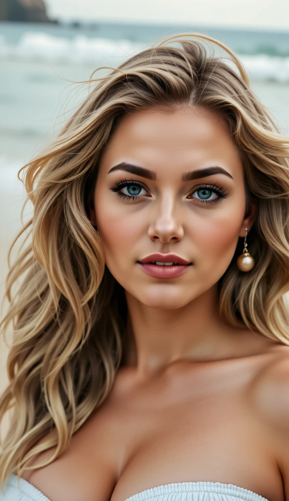 Pretty beautiful French latina blonde with blue eyes at the beach, Selfie, clivage, highly detailed, 14 ans, visage innocent, naturally wavy hair, yeux noirs, High resolution, tmasterpiece, Meilleur Qulaity, Intricate details, highly detailed, Mise au point nette, detailed skin, realistic skin texture, texture, detailled eyes, professionnel, 4K, sourire charmant, prise avec Canon, 85 mm, Slight depth of field, Vision couleur Kodak, perfect fit body, Extremely detailed, Photographier_\( ultra\), Photographiréaliste, Realstic, Post-traitement, maximum details, roughness, real life, ultrarealistic, photorealism, Photographierie, 8K UHD, Photographierie