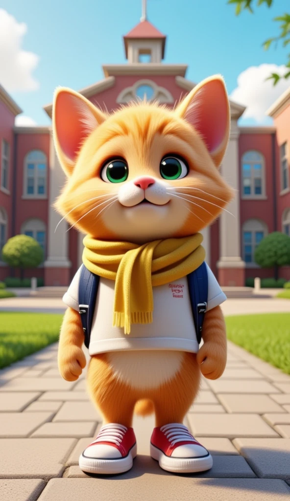 A wide angle view of a  front. Whiskers stands on the driveway ready to walk in to school. Whiskers: A fluffy orange tabby kitten with bright green eyes, a pink nose, and a mischievous smile, dressed in a white Y-shirt, navy-blue backpack, red sneakers, and a yellow-striped scarf that flutters as he moves. 3D render. 