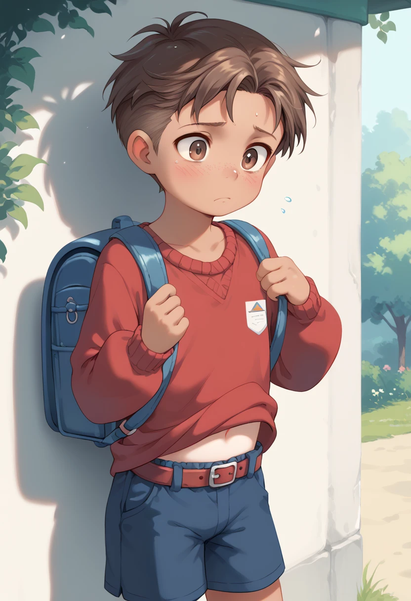 Shotacon, A boy is 4-yr, little, youthful, young, short, thin, cute, Brown hair, brown eyes, Haircut where the hair is cut uniformly to create a smooth, circular shape that gently drapes over the head, tan skin, red sweater completely red color, Shorts pants with belt. backpack on back. Anxious expression, weak. Eyes down, head down, Standing pose. Outdoor, School backyard background.