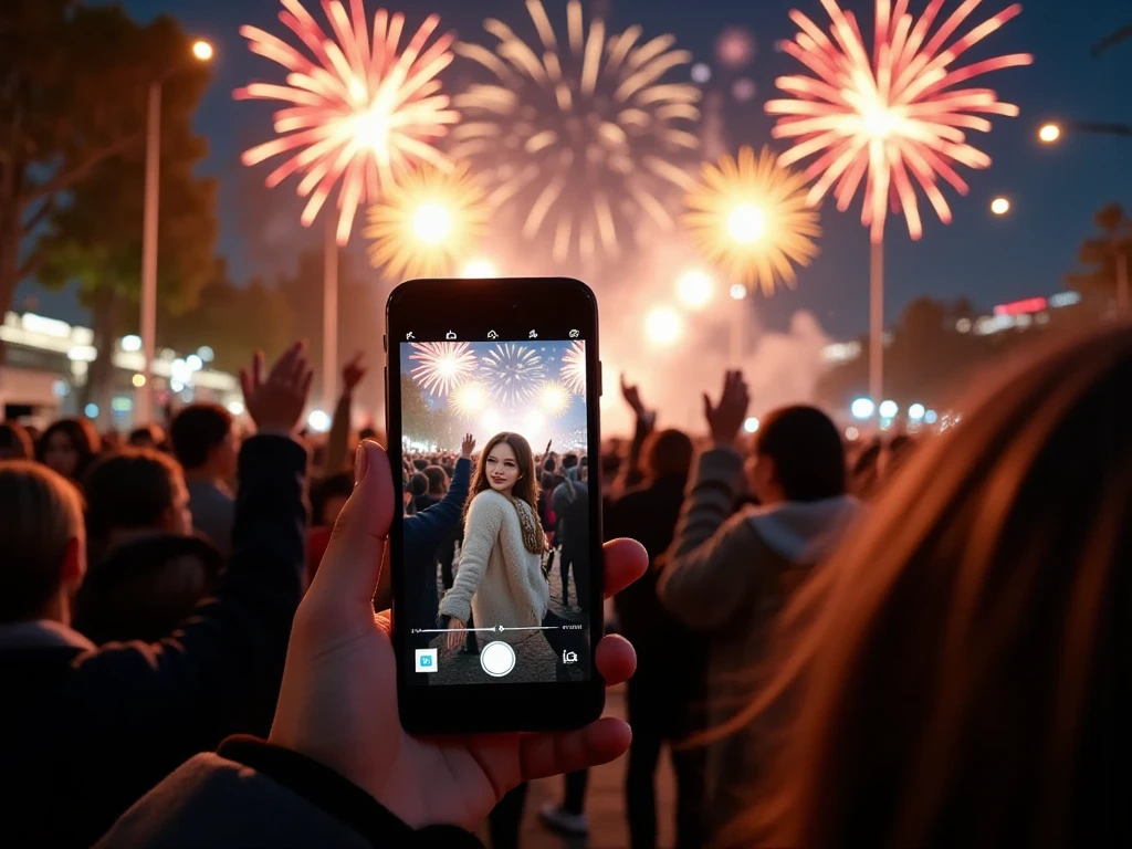 A vibrant and festive New Year  scene at night, featuring a crowd of people celebrating outdoors. The focus is on silhouetted figures with their hands raised in joy and excitement, facing a dazzling display of fireworks lighting up the night sky. The fireworks are colorful and dynamic, casting warm and golden hues over the crowd and creating a magical atmosphere. In the foreground, the perspective is from a boyfriend’s point of view, holding a smartphone to capture a photo of his girlfriend. The girlfriend is standing slightly apart from the crowd, turning back toward the camera with a cheerful and inviting expression. She has her arm extended toward the viewer, as if gesturing for him to join the celebration. She is wearing a stylish winter coat and scarf, her face softly illuminated by the glow of the fireworks. The smartphone screen is visible in the composition, showing the girlfriend’s image and the vibrant fireworks in the background. The scene conveys intimacy, joy, and the excitement of celebrating the New Year together, blending a personal moment with the festive atmosphere.