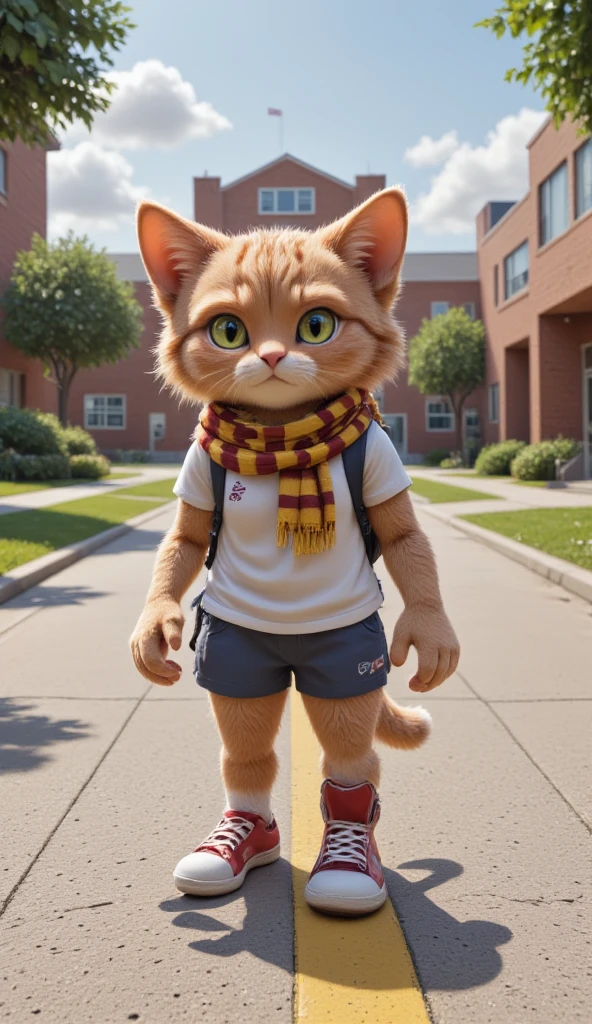 A wide angle view of a middle school front. Whiskers stands on the driveway ready to walk in to school. Whiskers: A fluffy orange tabby kitten with bright green eyes, a pink nose, and a mischievous smile, dressed in a white Y-shirt, navy-blue backpack, red sneakers, and a yellow-striped scarf that flutters as he moves. 3D render. 