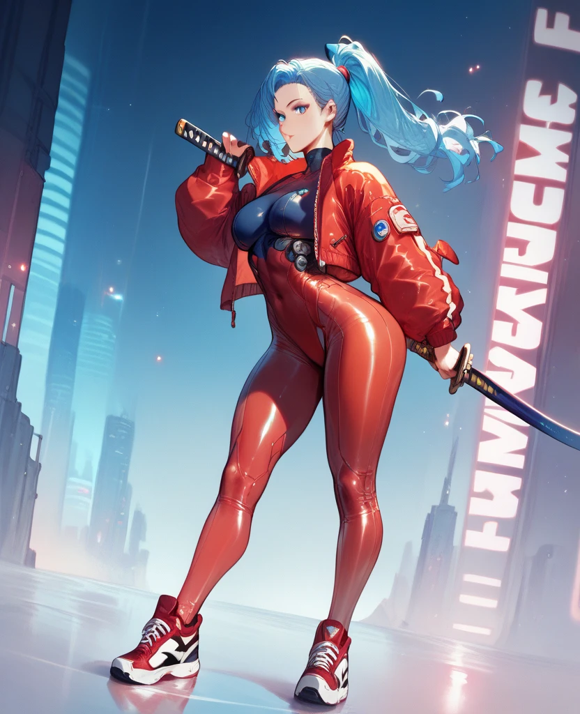 Beautiful girl with blue hair with a ponytail, tall blue eyes with red sparkles, with an athletic body wearing a futuristic rubber suit, a futuristic katana and some futuristic sneakers. 