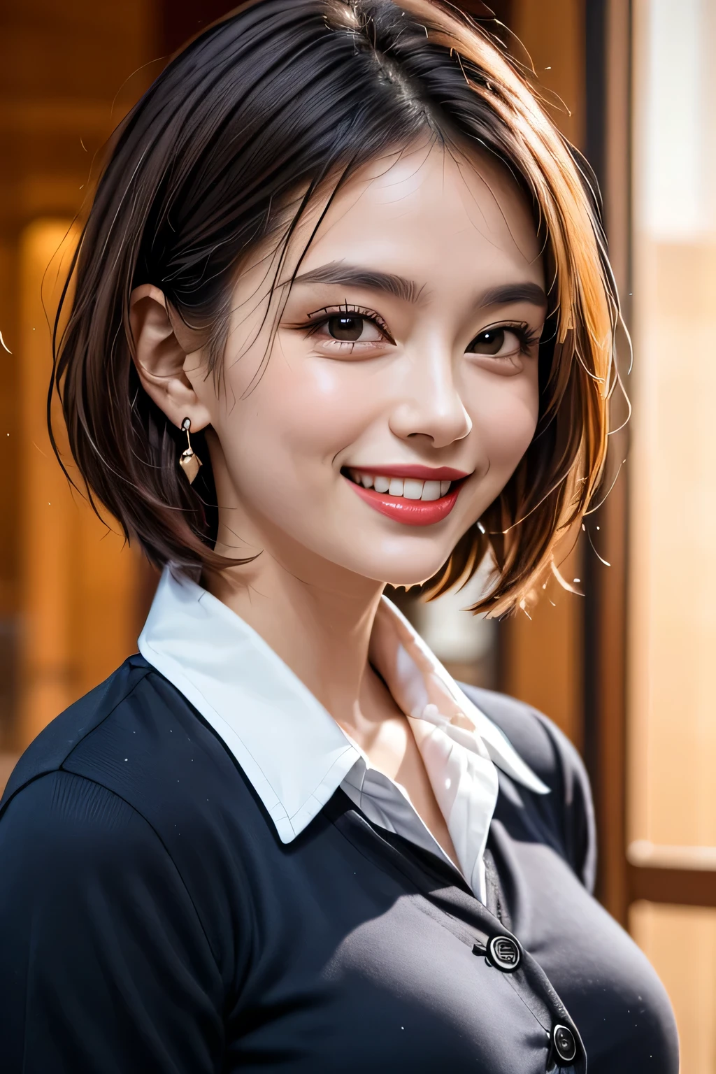 ((masterpiece, 最 High Quality , High Quality :1.4, 16k)), (1girl), office, ( Portrait :1.1),
grin, lipstick, Compensate, ultra detail hair, super detailed face, perfect eyes, perfect face, ( beautiful alignment of teeth), pixie cut, earrings for women with first name, Navy blue shirt, business services ,
(Big Breasted :1.1), clevis on a stone