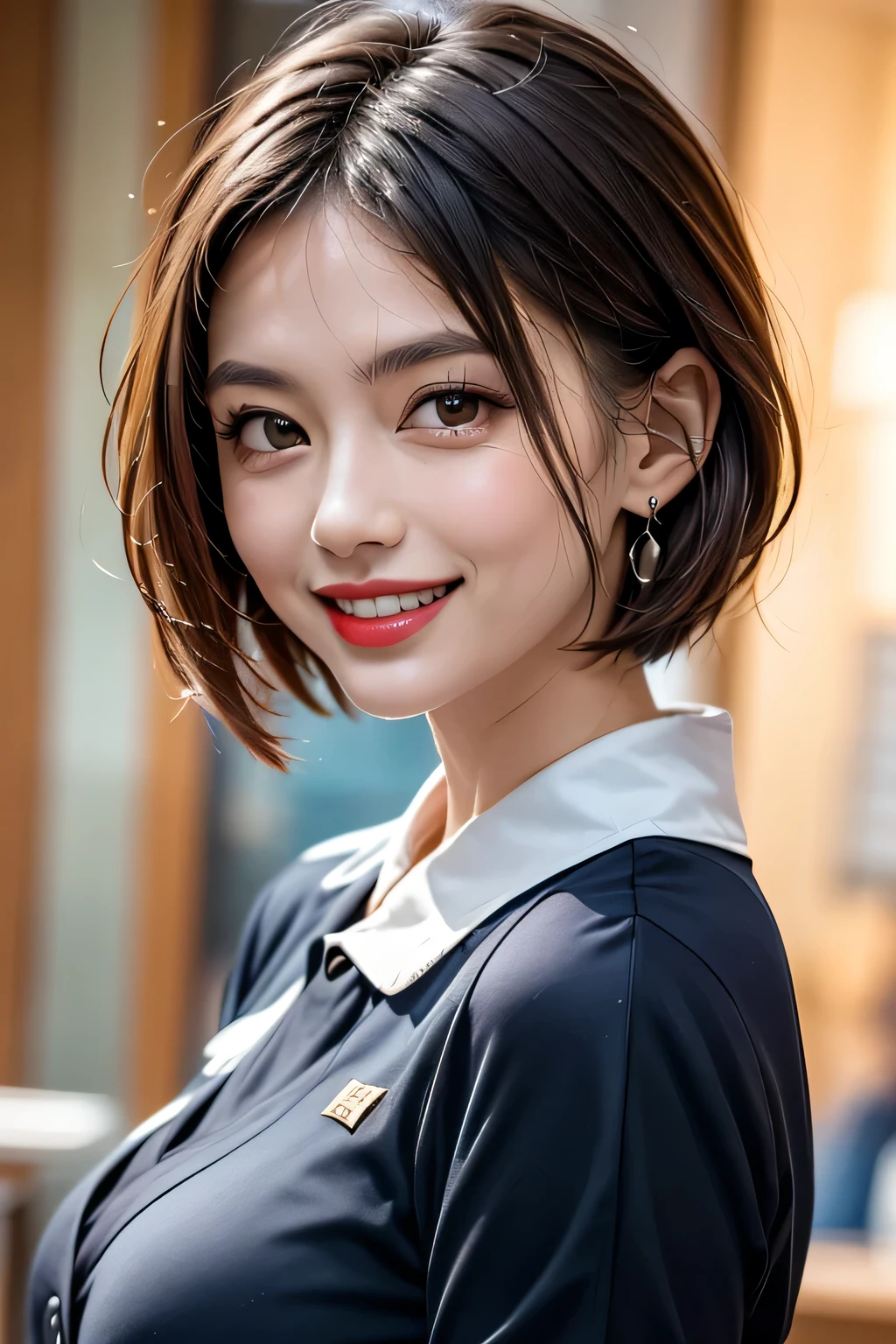 ((masterpiece, 最 High Quality , High Quality :1.4, 16k)), (1girl), office, ( Portrait :1.1),
grin, lipstick, Compensate, ultra detail hair, super detailed face, perfect eyes, perfect face, ( beautiful alignment of teeth), pixie cut, earrings for women with first name, Navy blue shirt, business services ,
(Big Breasted :1.1), clevis on a stone