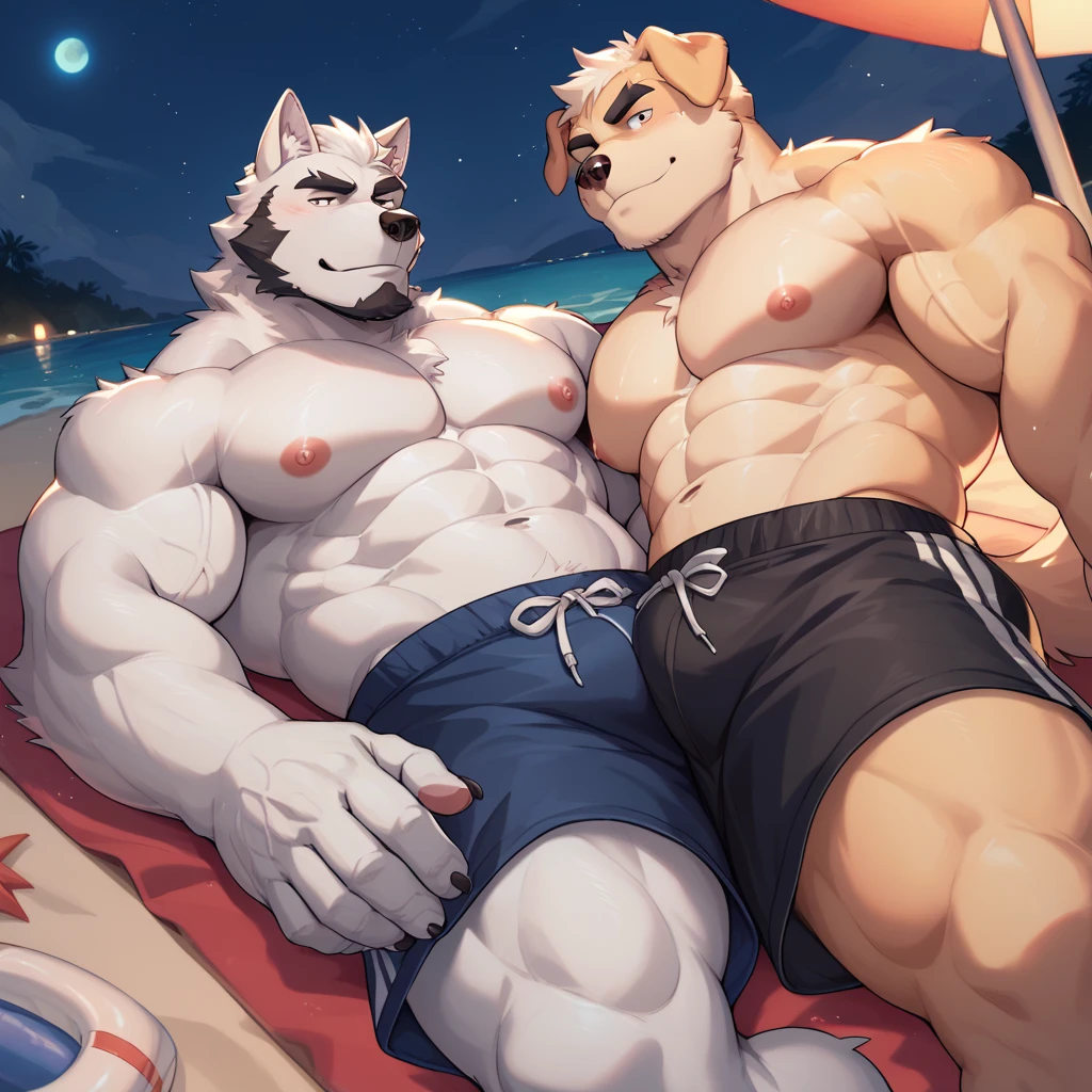 ((best quality)), ((masterpiece)), (Ultra detailed), ((4k)) , Furry , Anthro , (Wolf) , Light Blue Fur , Black hair , Red Eyes , Middle Ages ,white Beard , Chubby Fat , Good Looking , Handsome , Having Fun , Blush , Big Pecs , big black cock , Anal , Anal Sex Duo , Brown Bear Anthro , Red Hair , Old Ages , Cum , Messy Cum , Kissing , beach