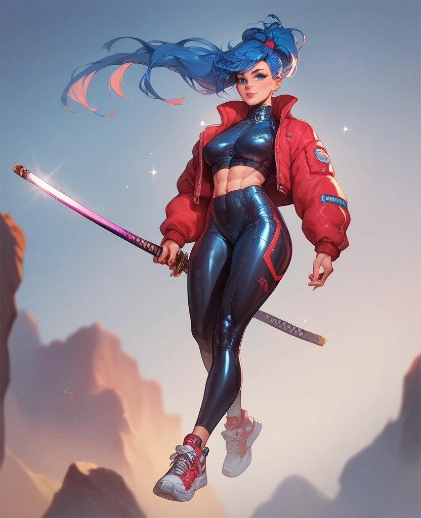 Beautiful girl with blue hair with a ponytail, tall blue eyes with red sparkles, with an athletic body wearing a futuristic rubber suit, a futuristic katana and some futuristic sneakers. 