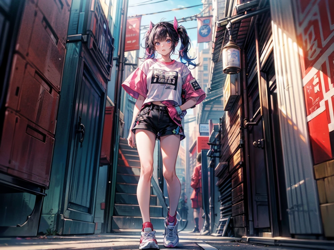 Full body view, woman standing confidently, 8K resolution, high detail, around 20 years old, (one female:1.5), vibrant-colored hair, twin tails, straight eyebrows, sanpaku eyes, upturned eyes, vivid pink irises, simple outfit, unique t-shirt, black shorts, sneakers, big city:1.0, buildings, bright blue sky, vivid color, ((UHD, masterpiece, super detail, best quality, highres, 8k)), (detailed line art), {perfect face, perfect body, perfect hands, perfect feet}