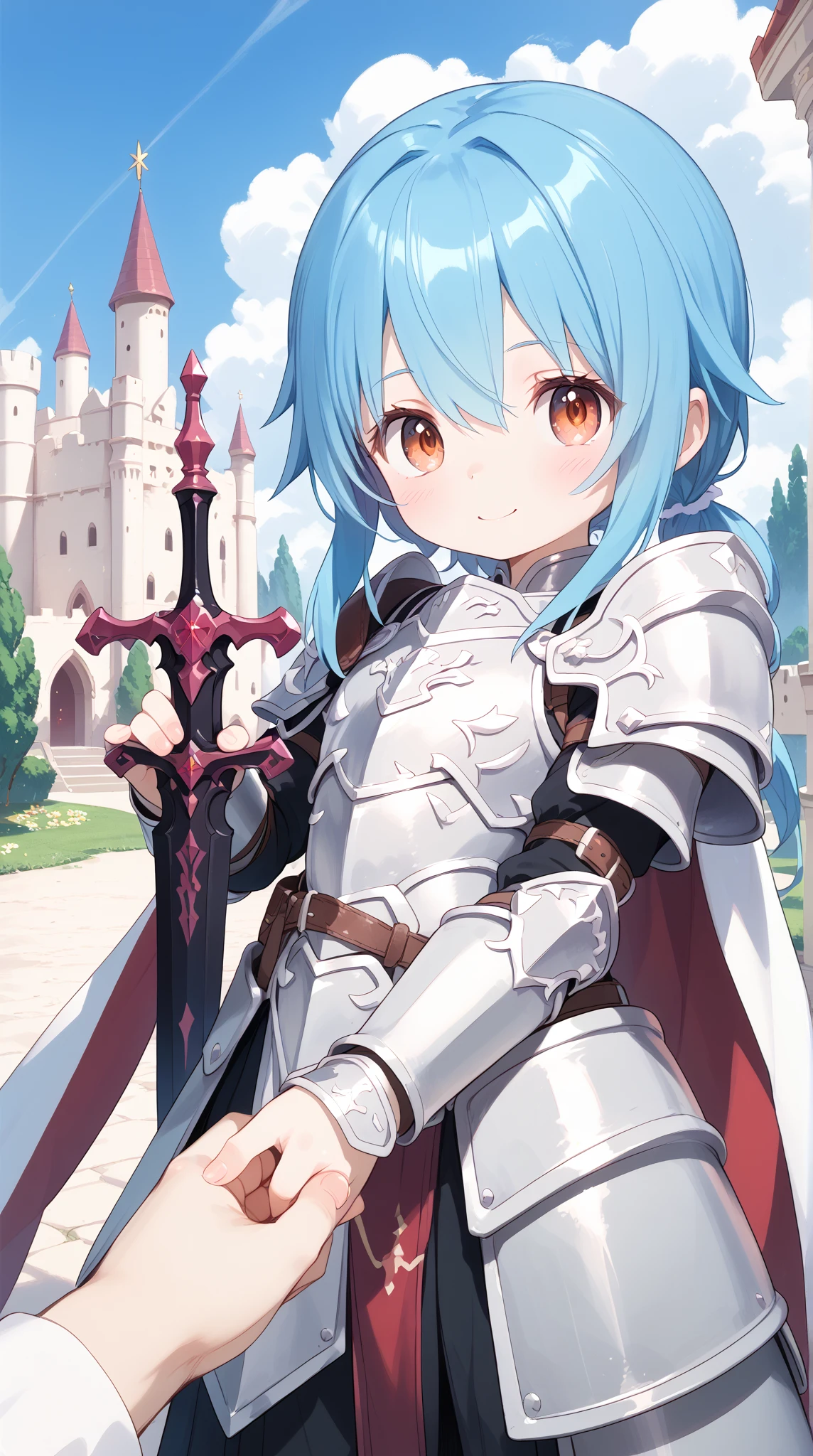 (( )),((little warrior )),((fantasy armor)),((Endless look )),((cute)),(( sword in hand)),(( in the background a castle ))