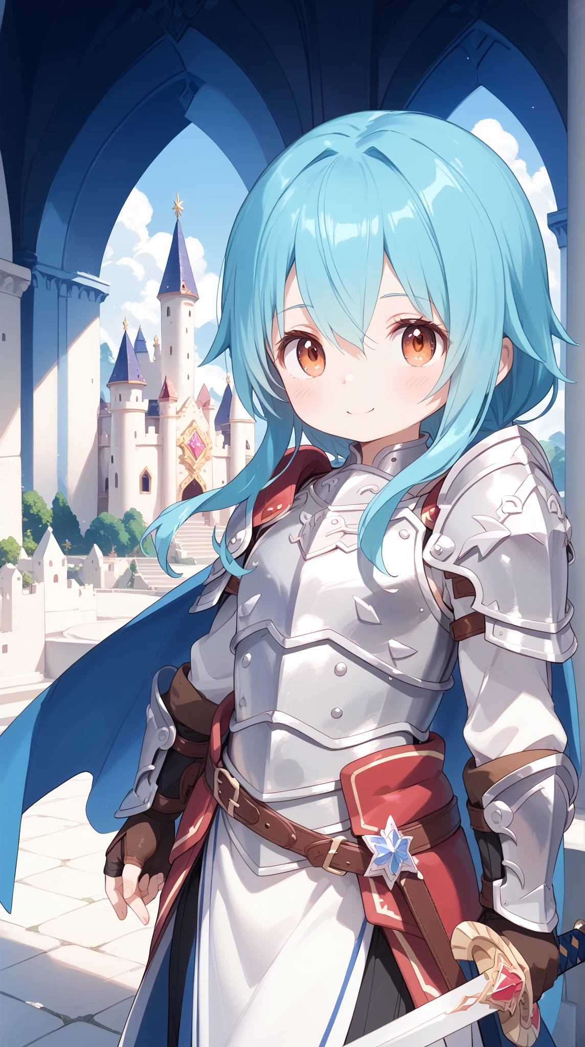 (( )),((little warrior )),((fantasy armor)),((Endless look )),((cute)),(( sword in hand)),(( in the background a castle ))