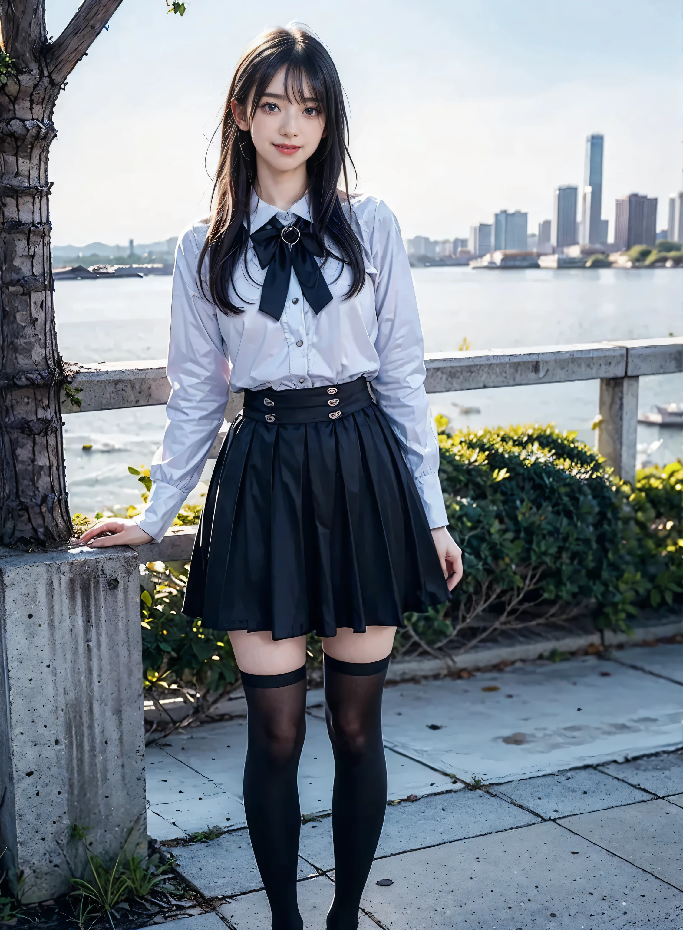 arafed asian woman in a skirt and a white shirt posing for a picture, japanese school uniform, japanese girl school uniform, wearing japanese school uniform, young gravure idol, realistic young gravure idol, young pretty gravure idol, Seifuku, cute schoolgirl, young skinny gravure idol, japanese model, jk uniform, beautiful anime high school girl, smile, wear black thigh high socks, Wear loafers, video , long foot, slender , whole body, long black hair straight, purple mouthpiece , purple eyeshadow,