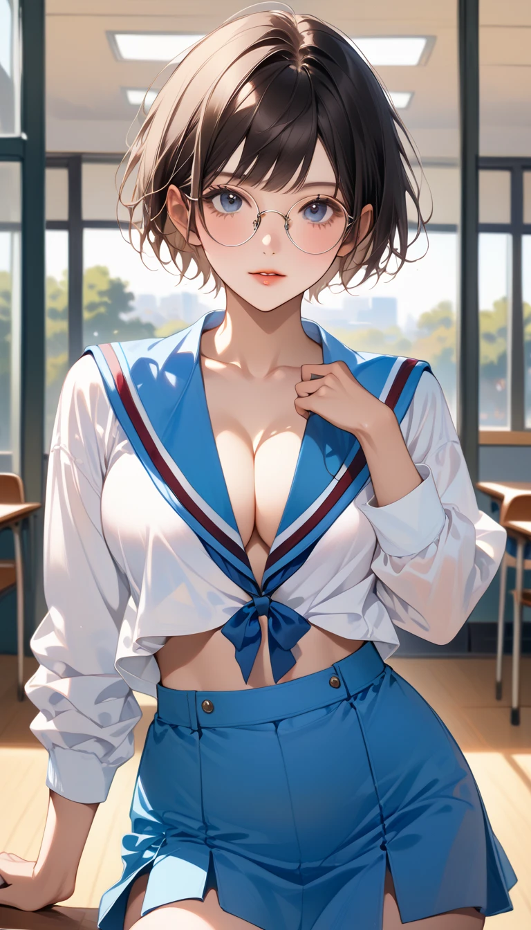 score_9, score_8_Excellent, score_7_Excellent, Realistic:1.2, realistic face and eyes:1.3, Realistic skin:1.3, Japanese idol photos, Beautiful young idol, 1, Perfect model body shape., tomboy, (very short hair, pixie cut, Black Hair), circle-glasses, (((Captivating beauty))), big eyes, double eyelid, Attractive eyes, Glossy Lips, perfect female body, Big Breasts:1.8, Cleavage, Firm stomach, (((belly button))), Round ass:1.4, Toned thighs, Beautiful hands and feet, very good, KitaHighFemaleWinter, white shirt, blue sailor collar, long sleeves, red ribbon, blue skirt, Seductive pose, class room, school Background, Attention to detail, Anatomically correct, Textured skin, high quality