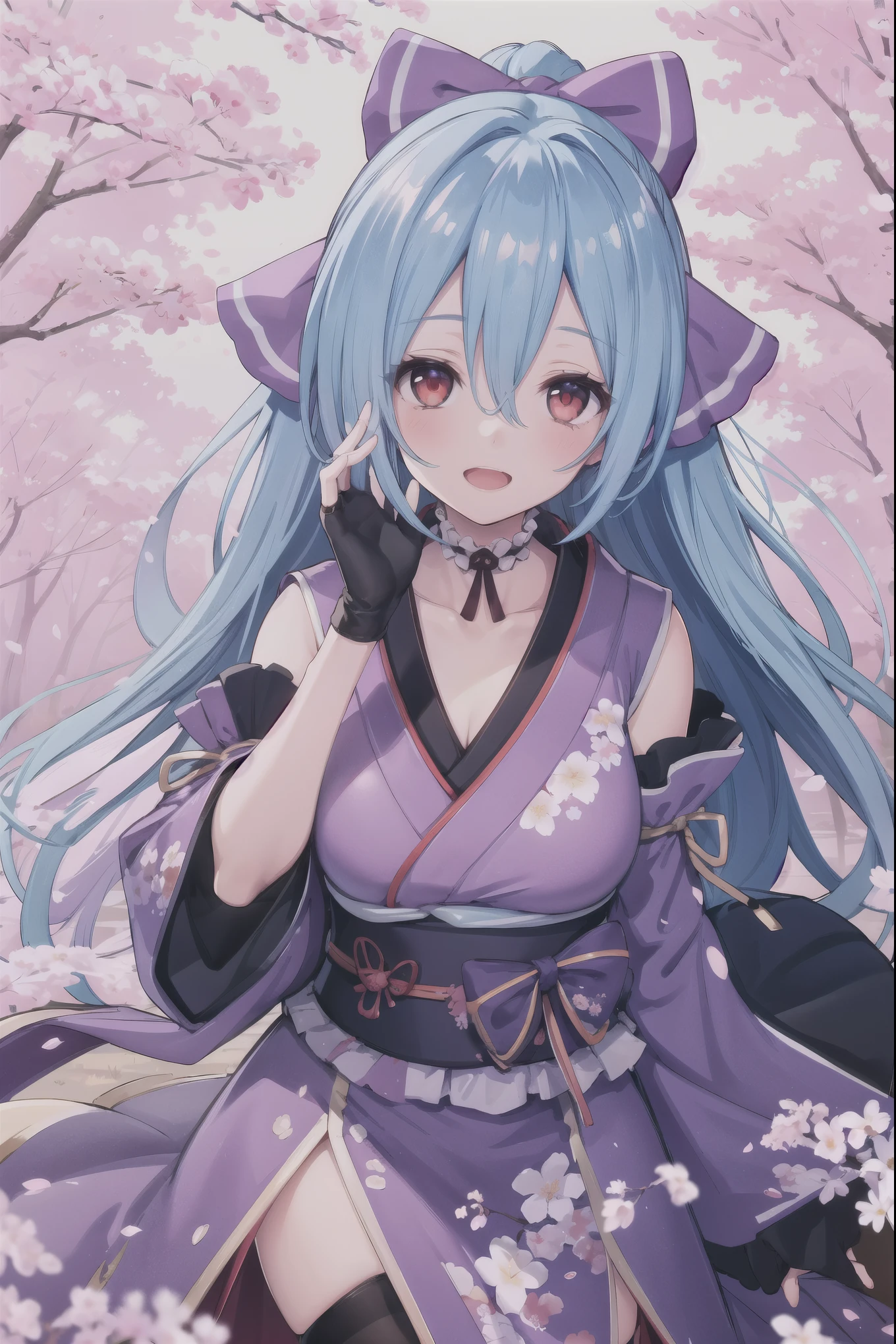 masterpiece, best quality, (1girl, solo),
yamato iori, 1girl, virtual youtuber, solo, gloves, bow, hair bow, long hair, hair over one eye, thighhighs, blue hair, fingerless gloves, red eyes, japanese clothes, full body, detached sleeves, ponytail, looking at viewer, black gloves, very long hair, breasts, purple bow, kimono, smile, open mouth, transparent background, standing, sash, obi, purple kimono
blush,cherry blossoms,
( outdoors, forest, upper body,  dynamic pose, looking at viewer, ),