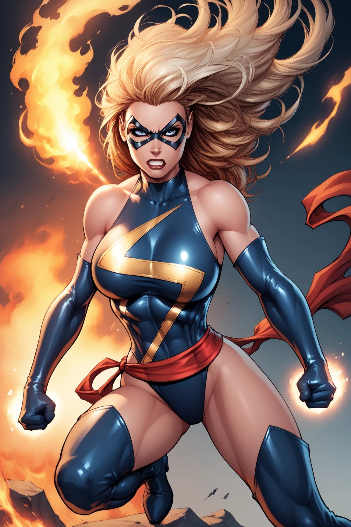 Ms marvel,sexy,detailled abs,big breast,tight suit
 cptnmrvlmsmrvl, long hair, black theme, domino mask, halterneck, leotard, elbow gloves, bare shoulders, sash, thigh boots, magic, aura:1.2, fire
 mtms, attack stance, attacking, angry, 