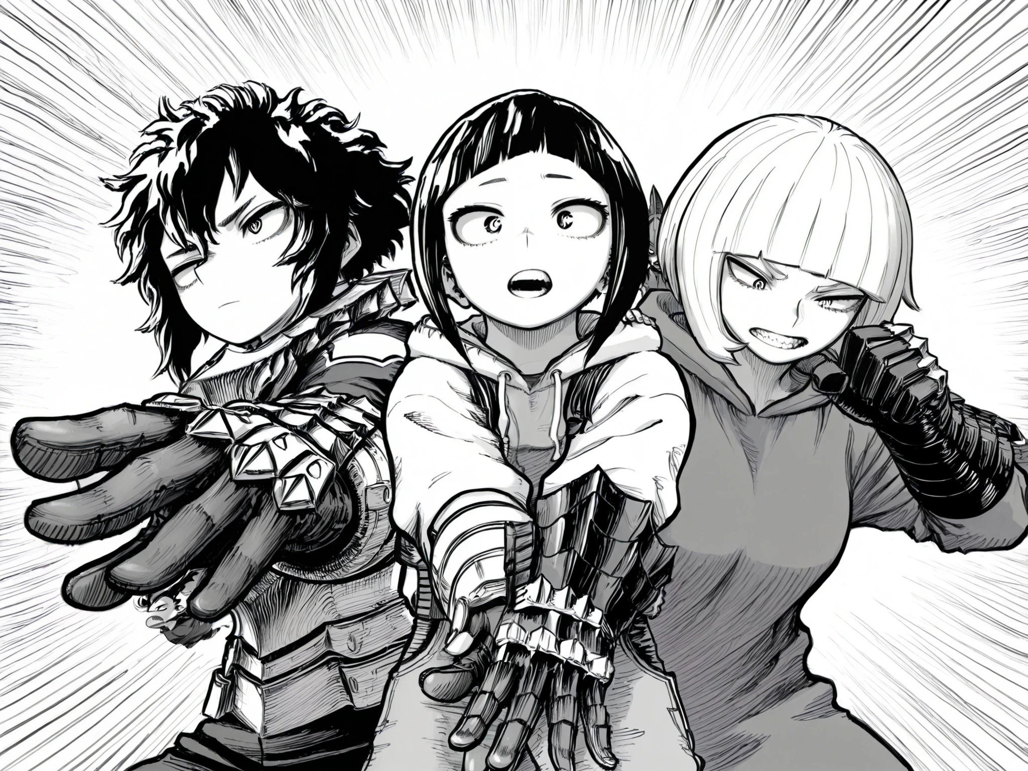 score_9, score_8_up, score_7_up, score_6_up, score_5_up, score_4_up, Kohei Horikoshi, My Hero Academia, kentaro_miura_style, monochrome, greyscale
BREAK
(masterpiece: 1.0), best quality, monochrome, greyscale, crosshatching, directional hatching, gradients in shading, perfection, highly detailed hatching /texture/, extremely shaded
BREAK
3girls, Asian, inverted bob, dynamic pose, foreshortening, shark finned gauntlets, shark finned hoodie, half mask, action pose, high angle, black hair, 