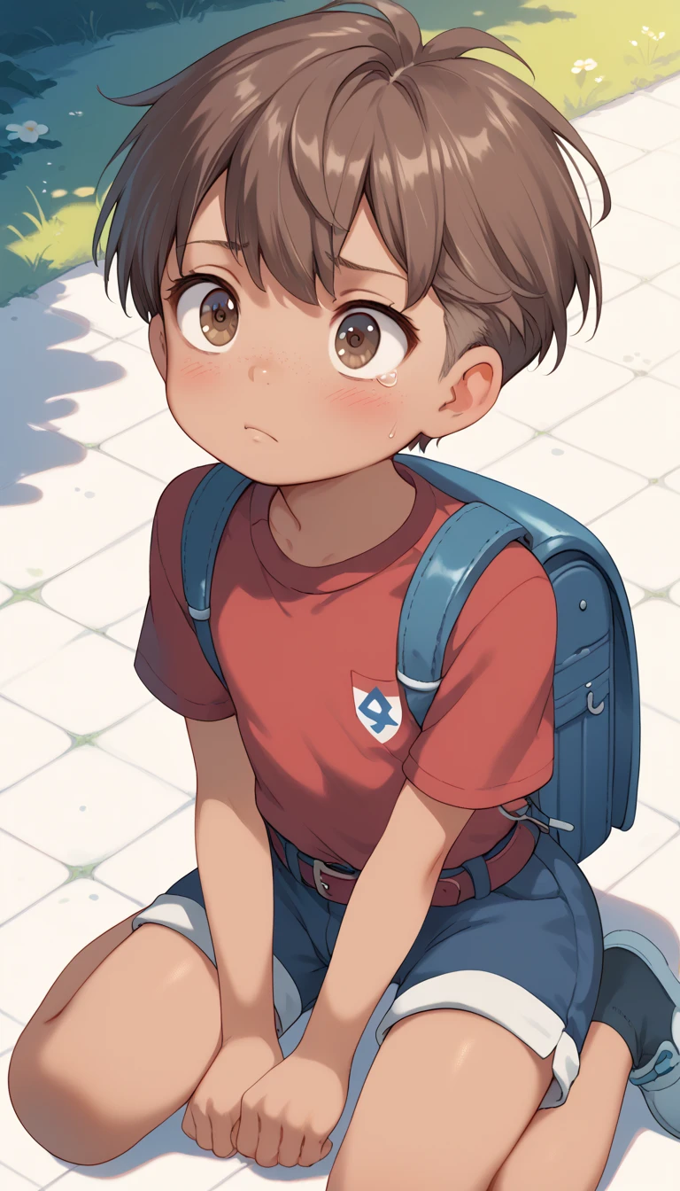 Shotacon, A boy is 4-yr, little, youthful, young, short, thin, cute, Brown hair, brown eyes, Haircut where the hair is cut uniformly to create a smooth, circular shape that gently drapes over the head, tan skin, red sweater completely red color, Shorts pants with belt. The backpack is on the floor. Anxious expression, weak. Kneel on the ground, look up. Outdoor, School backyard background.