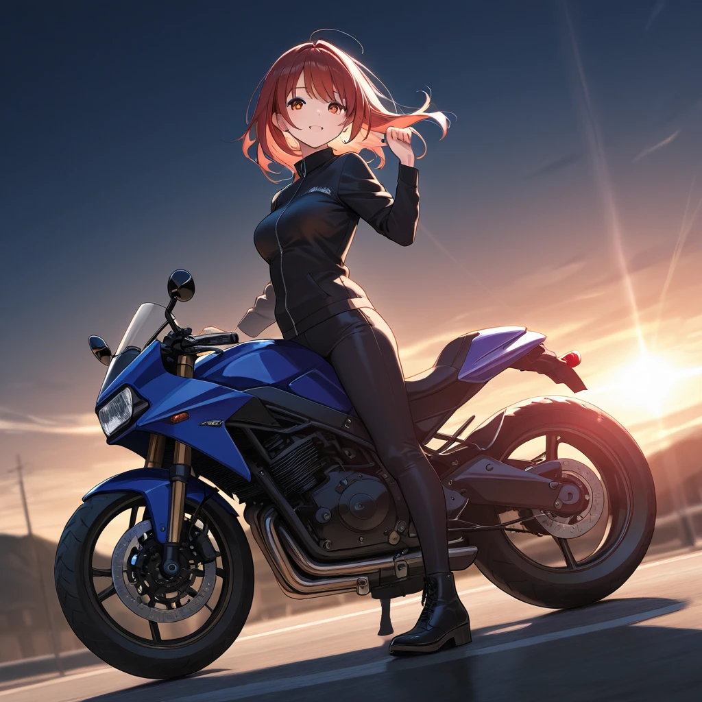 1 person, girl, In town, short hair, slim, Thighs, OL, Tight Skirt, Straddling a bike, big breasts, ,perfect anatomy, figure, algorithm trends, from below, Looks like