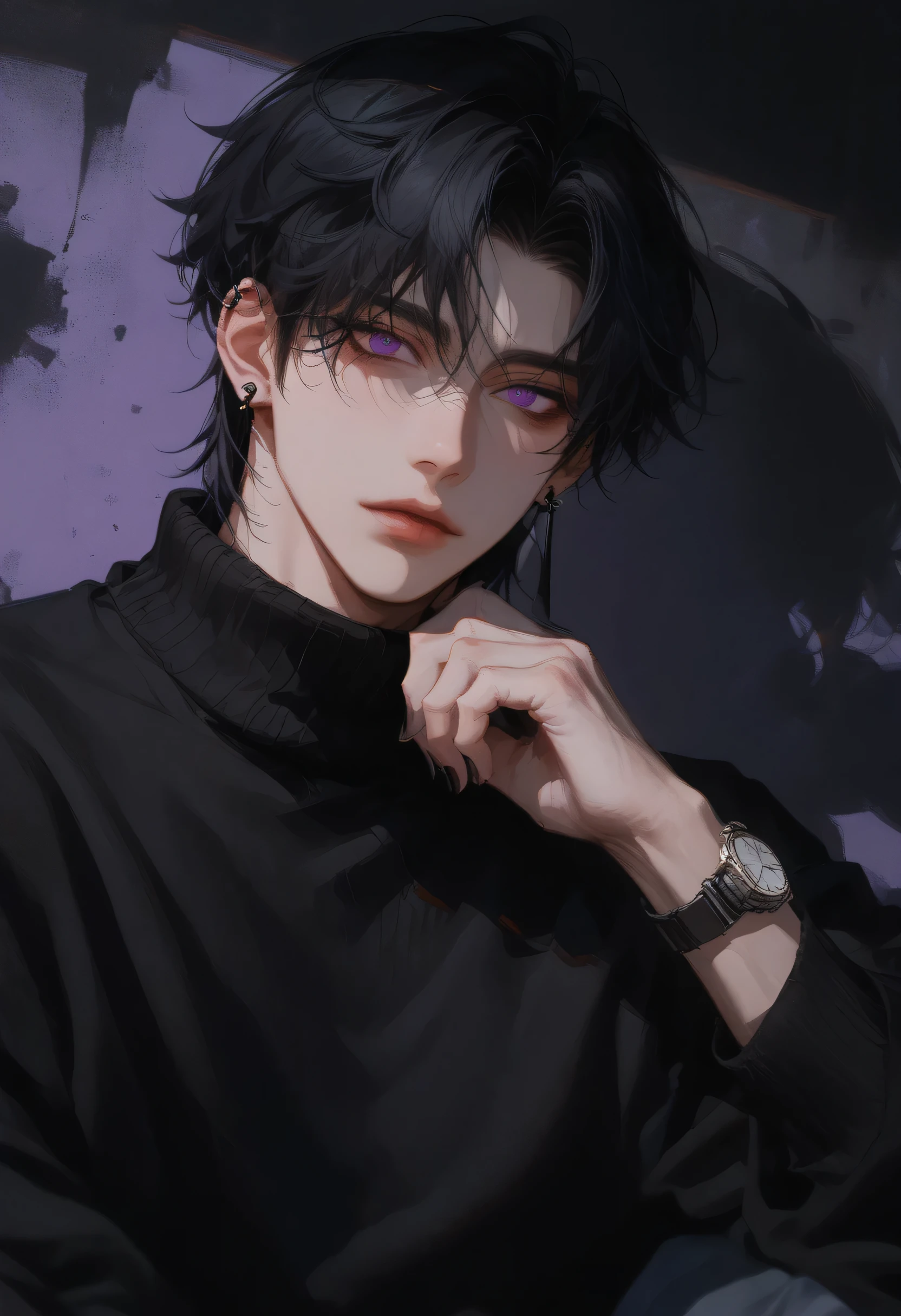 (score_9, score_8_up), score_7_up, adult male , Black High Collar Sweater , Messy Black Hair , 1 Boy, dark purple eyes , black hair highlighter , male focus, Black Earrings , focus, anime style , Black nail polish , Handsome, shadow background , Hazy Atmosphere , thick Tu style, watch, Korean Style , Korean Comic Style , Natural Curl , 96YOTTEA Style ,Looks like the bad guy 高解析度, masterpiece,