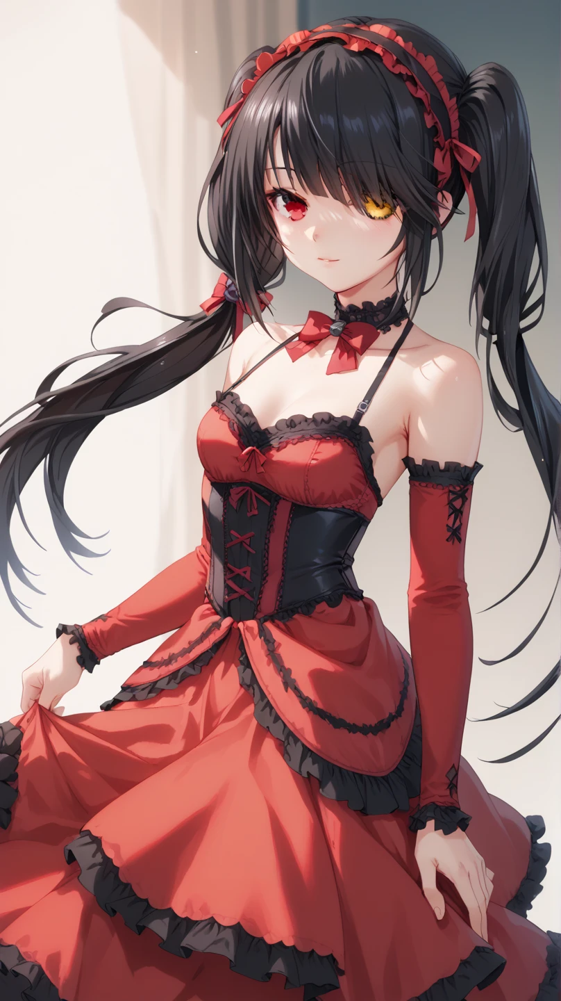 Sexy kurumi tokisaki astral dress, long hair, black hair, red eyes, twintails, yellow eyes, hairband, heterochromia, dress, red dress, bare shoulders, collarbone, choker, bowtie, red bowtie, detached sleeves, corset, frills