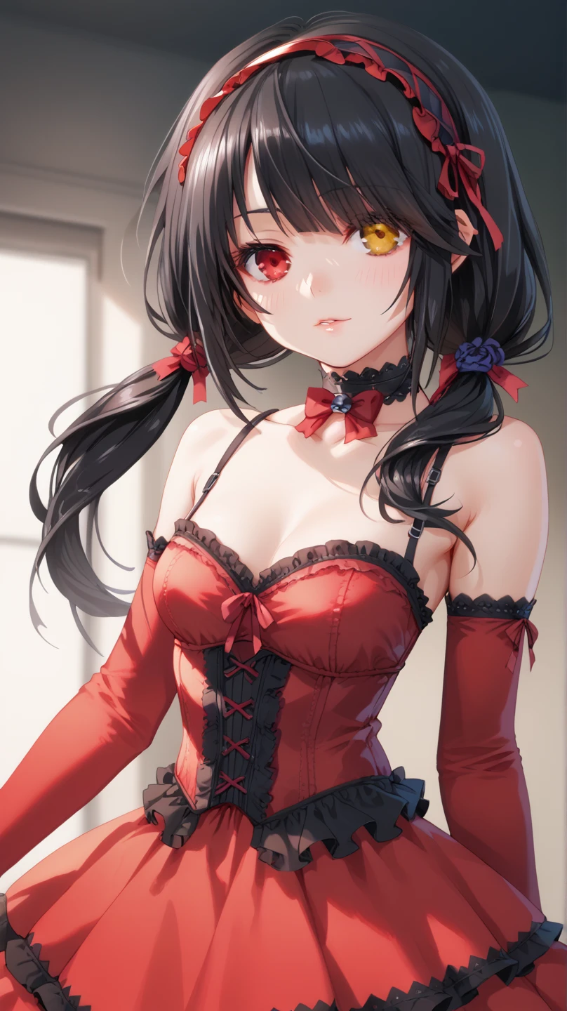 Sexy kurumi tokisaki astral dress, long hair, black hair, red eyes, twintails, yellow eyes, hairband, heterochromia, dress, red dress, bare shoulders, collarbone, choker, bowtie, red bowtie, detached sleeves, corset, frills