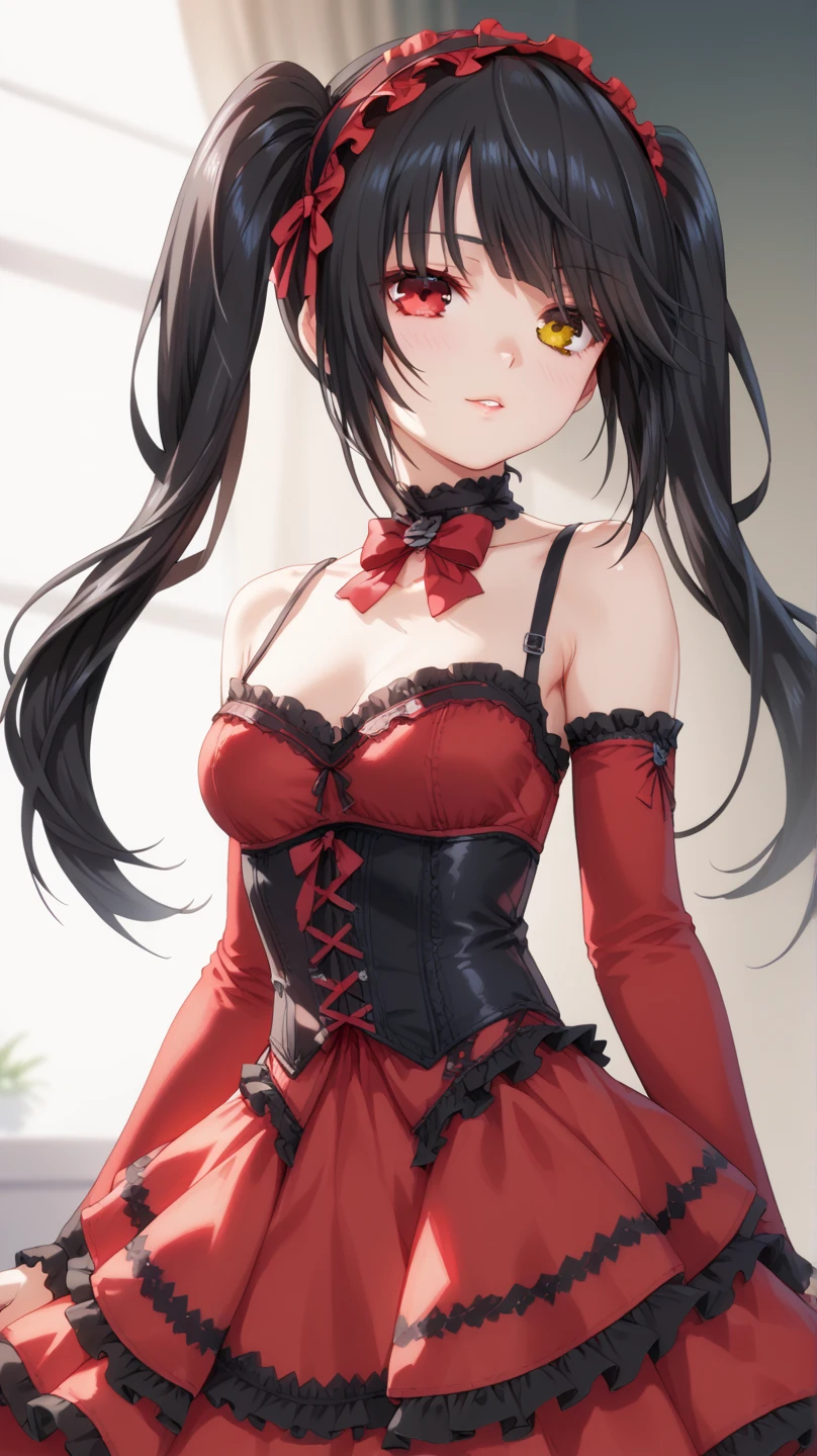 Sexy kurumi tokisaki astral dress, long hair, black hair, red eyes, twintails, yellow eyes, hairband, heterochromia, dress, red dress, bare shoulders, collarbone, choker, bowtie, red bowtie, detached sleeves, corset, frills