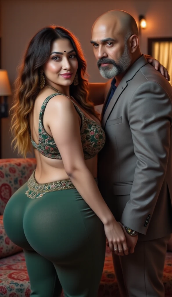 Indian couple, tall hot healthy curvy physique mom body white skin toned south indian white skin curvy girl with long black and yellow color dyed hair, simple black bindhi, thick thighs, big perfect curvy round ass, woman wearing sexy dress(big breast and ass), indian mix african dark skin rugged old man with fat body half bald salt and pepper color hairstyle and beard, old man wearing suit, old man sitting on sofa woman sitting on sofa next to man from side wrapping her hand around man, in room, full body view, man and woman looking at camera, pokies