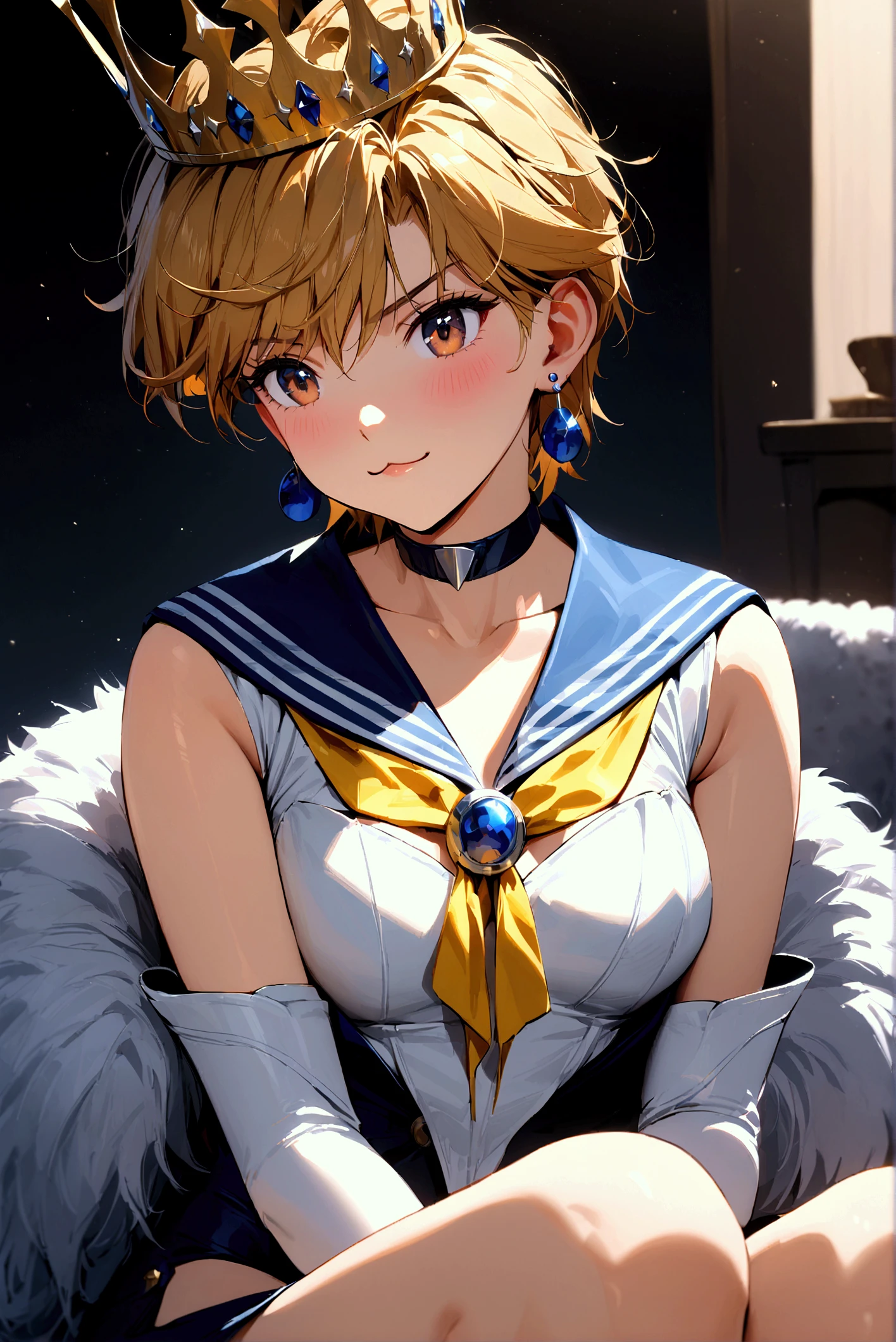  top quality ,  ultra detail, ( 1 girl, Alone, Super Sailor Uranus,  very short hair,  crown,   jewelry,  earrings for women with first name,  choker ,  yellow ribbon,   white gloves,  elbow gloves,  ,,  is sitting, :3,),,  On a Fur Rug ,