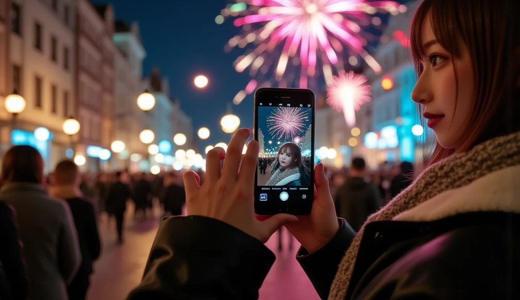 A vibrant and festive New Year  scene at night, featuring a crowd of people celebrating outdoors. The focus is on a dynamic perspective from a boyfriend’s point of view, holding a smartphone to capture a photo of his girlfriend and the festive atmosphere. The girlfriend is visible both in the scene and on the smartphone screen. She is standing slightly apart from the crowd, turning back toward the viewer with a cheerful and inviting expression, her arm extended toward him as if gesturing for him to join the celebration. She is wearing a stylish winter coat and scarf, with her face softly illuminated by the glow of the colorful fireworks exploding in the sky. The smartphone screen is clearly visible in the foreground, showing the same girlfriend from the boyfriend’s perspective, along with the vibrant fireworks in the background, perfectly framed in the camera view. The composition seamlessly blends the live scene with the digital image on the screen, creating a unique and intimate storytelling perspective. The atmosphere is warm, celebratory, and full of excitement, capturing the joy of welcoming the New Year together.