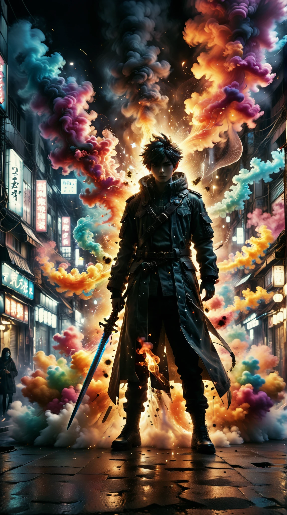  wearing colorful urban clothing and trendy accessories ，  A silhouette of a creature composed of large smoke billowing upwards，Brighten your eyes，  anime style ，sunlight，  dynamically holding a big sword ，On the Street，  top quality ， movie lights ， Highly Detailed ，realistic， focus Clear ， Background photo ，60mm，ISO200，f/3.6，1/320s，