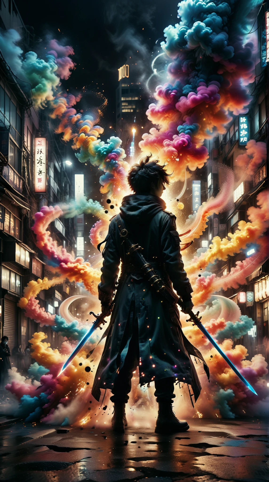  wearing colorful urban clothing and trendy accessories ，  A silhouette of a creature composed of large smoke billowing upwards，Brighten your eyes，  anime style ，sunlight，  dynamically holding a big sword ，On the Street，  top quality ， movie lights ， Highly Detailed ，realistic， focus Clear ， Background photo ，60mm，ISO200，f/3.6，1/320s，