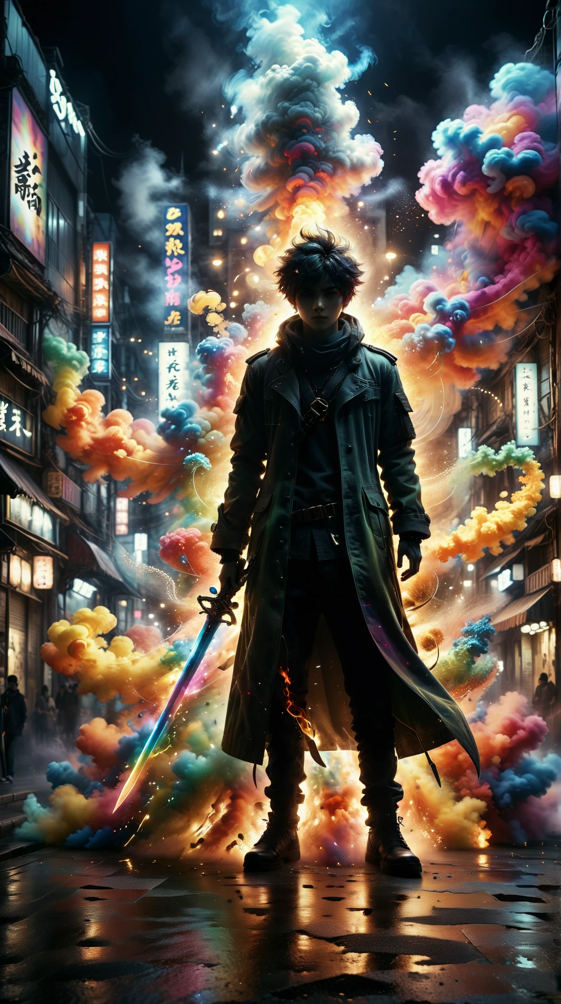  wearing colorful urban clothing and trendy accessories ，  A silhouette of a creature composed of large smoke billowing upwards，Brighten your eyes，  anime style ，sunlight，  dynamically holding a big sword ，On the Street，  top quality ， movie lights ， Highly Detailed ，realistic， focus Clear ， Background photo ，60mm，ISO200，f/3.6，1/320s，