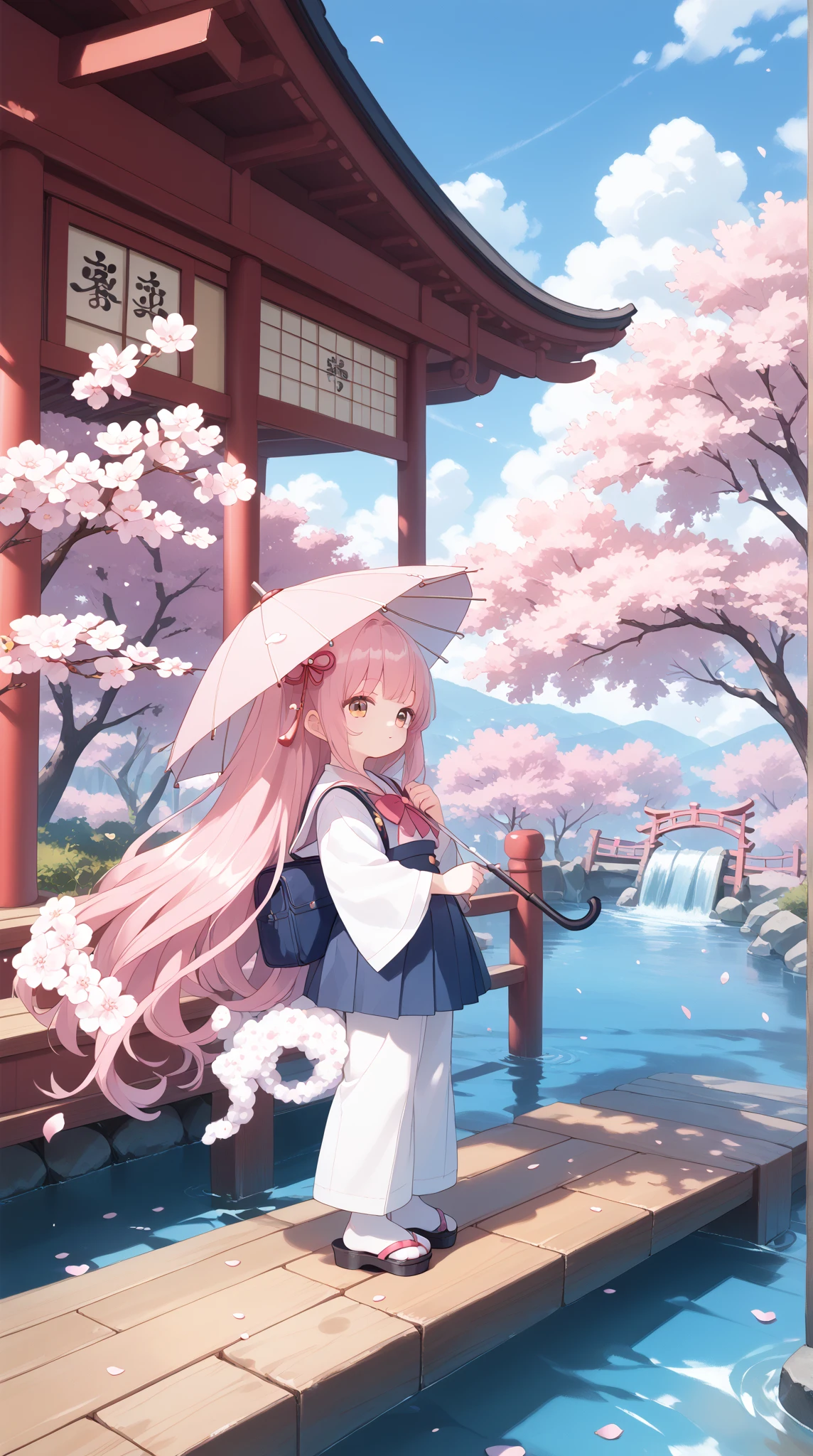 A serene anime scene of a cherry blossom park during spring. The setting is vibrant and colorful with pink cherry blossoms in full bloom, their petals gently falling like snowflakes. In the background, a bright blue sky with fluffy white clouds contrasts the vivid pink hues. A small wooden bridge arches over a clear, sparkling stream, and traditional Japanese lanterns line the path. On the bridge, a young anime girl with long flowing hair and a school uniform stands, holding a parasol. Her expression is a mix of wistfulness and serenity, as if lost in thought. Nearby, a breeze carries the petals, some landing on the surface of the water, creating ripples. The overall mood is peaceful, with a hint of nostalgia and magic.