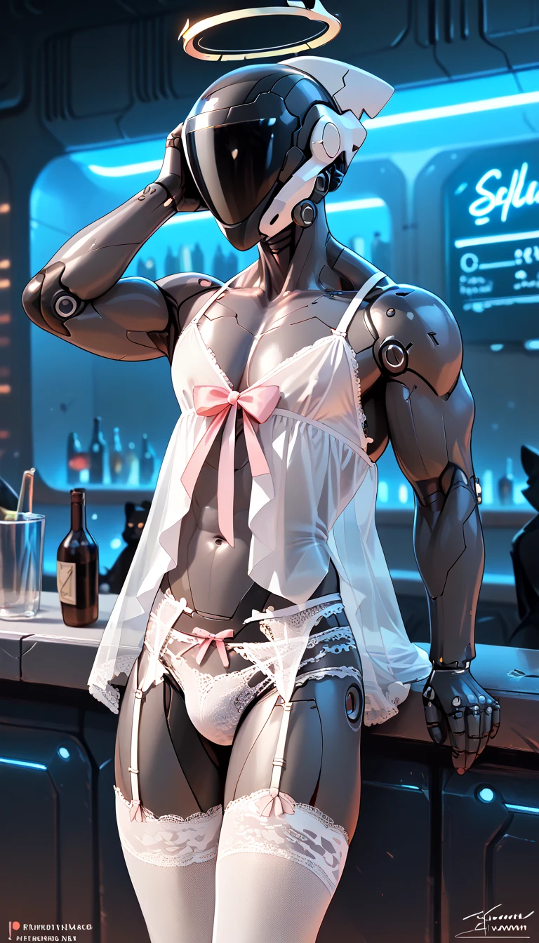 score_9, score_8_up, score_7_up, (cyberpunk background), ((cyborg:1.2), anthro, male, muscle, pale, (((noface))), white lace nightgown, white lace knee-high stockings, ((white lace panties)), beautiful), 1 person, white lace garter belt, light pink ribbon, black body, bar, robot helmet head, spot light, mechanic halo