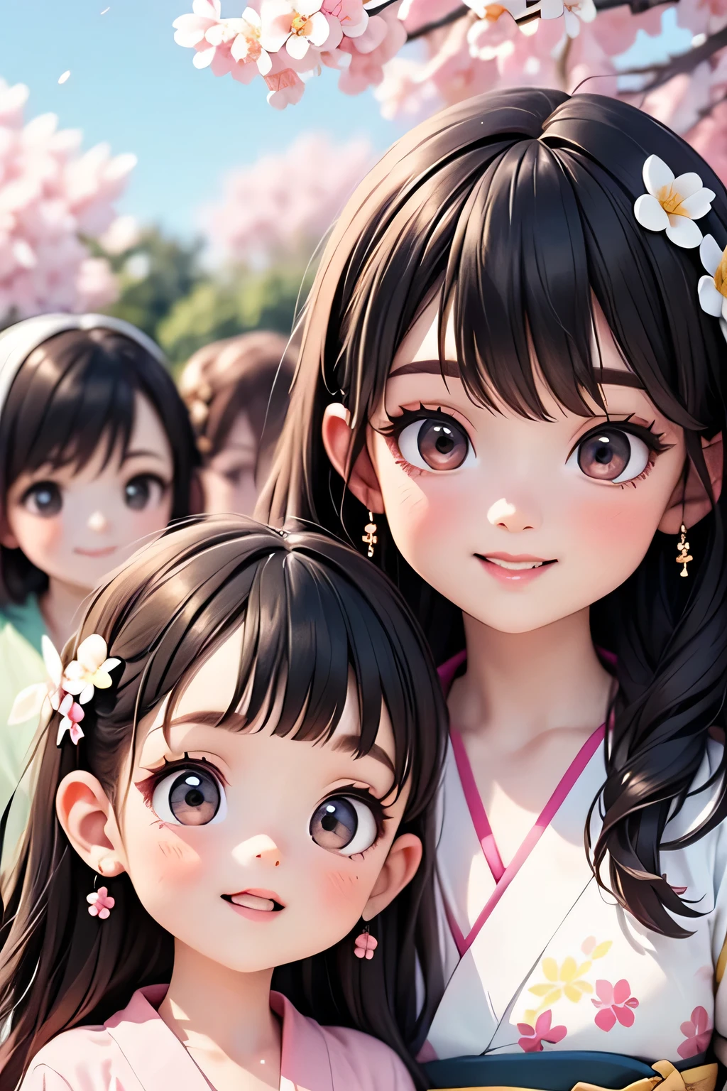top quality 、 high res、( high image quality:1.2)、masterpiece、 detailed background、( Beautiful face in every detail :1.4)、 is entangled with his hands and feet in front of an anatomically correct 、 detailed expressions 、( detailed eyes:1.2)、age beauty、(3 women)、( Highly Detailed Faces :1.4)、 Adult、Sunny outdoors、
( Three beautiful girls with a fun vibe with their friends :1.5)、
Kimono design and your own style 、
Patterns include cherry blossoms and plum blossoms.、Small floral patterns are recommended.、
like々 For hair ornaments, the ground color is bright and gorgeous Choose a kimono with a pattern 、
Unique styling using hair ornaments and hairpins while thinking about coordination with kimonos 、 Choose soft colors such as cute pink or light cherry blossom blue for the color of the kimono 、
Design with soft colored bands, small flower patterns, or ribbons to emphasize cuteness {x} Earrings and necklaces with small flower motifs {x} Wear thin bracelets on your wrists {x} with colorful florets and glitter If you choose clogs decorated with ribbons, they will add a touch of glamor to your feet、Simple and elegant accessories 、
To emphasize cuteness 、 Small hairpins and hairpins with cherry or plum blossom motifs 、
Wear a thin bracelet on your wrist 、
Pink or sakura-colored blush with natural and clean base makeup 、 Small hairpins and plum blossoms as hair ornaments 、 Soft colored eyeshadow around the eyes 、Choose a light pink or cherry color for your lips.、 very beautiful