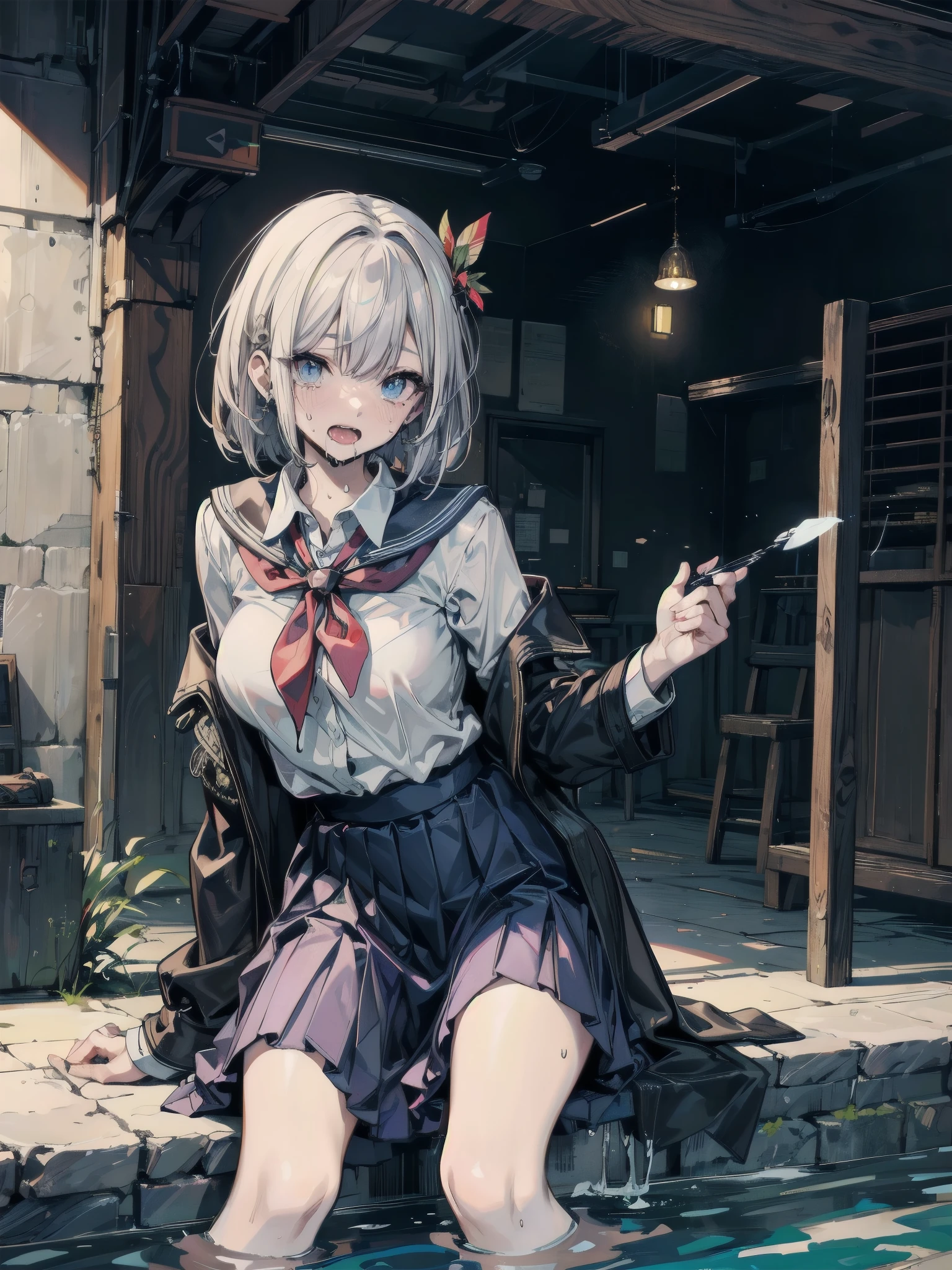 女の子1人、bangss、Bar Censor、Black bow、Black bow tie、Black Hair Band、a black ribbon、blue eyess、Blunt bangs、red blush、the bow、a bow tie、Ejaculation On、cum in clothes、Ejaculate on yourself、Ejaculation On、erections、Eyebrows visible through the hair、Wrapping、Futanari、Green skirt、Green vest、Hair Ribbon、Hair Band、hand job、Hitodama、katanas、Soul Dreams、Soul Dreams \(ghost\)、male masturbation、Masturbation、penises、semen、Flying tool、Puffy Short Sleeves、Puffy Sleeve、bow ribbon、scabbard、scabbard、Shirts、short-hair、shortsleeves、has silver hair、skirt by the、a sword、testicle、vests、White shirt
