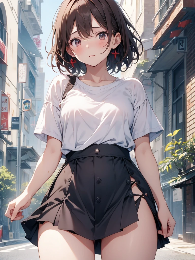 4K, (work of art), highest quallity, 2d, ((rebeld girl)), (teenage anime girl), (shirt cute, bear shirt, Punk Girl, in a bike, short hair with long bangs, heterochromatic eyes, ssmile, full height, clean eyes, black eyelash, (intrincado detalhado), dramatic, makoto shinkai, brown eyes
