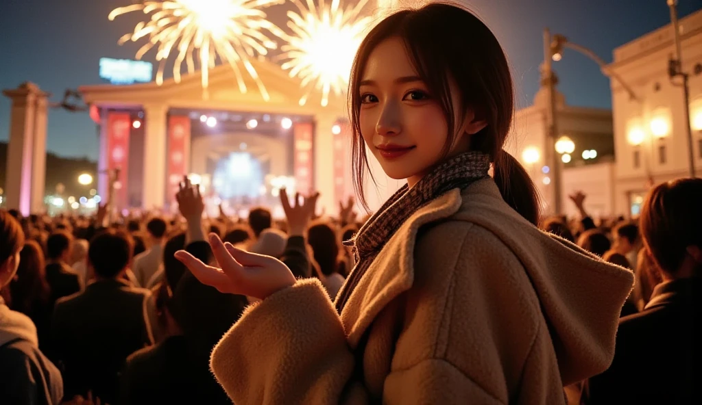 A vibrant and festive New Year  scene at night, featuring a crowd of people celebrating outdoors. The focus is on silhouetted figures with their hands raised in joy and excitement, facing a dazzling display of fireworks lighting up the night sky. The fireworks are colorful and dynamic, casting warm and golden hues over the crowd and creating a magical atmosphere. In the foreground, a girl is standing slightly apart from the crowd, but she is turning back toward the viewer, her face illuminated by the warm glow of the fireworks. She has a welcoming and cheerful expression, her arm extended toward the viewer as if inviting them to join the celebration. She is wearing a stylish winter coat and scarf, with her hair slightly tousled by the cool evening breeze. The background features a stage with blurred performers and warm lighting, adding to the energy of the celebration. The scene conveys excitement, warmth, and an inviting sense of joy as the New Year begins.