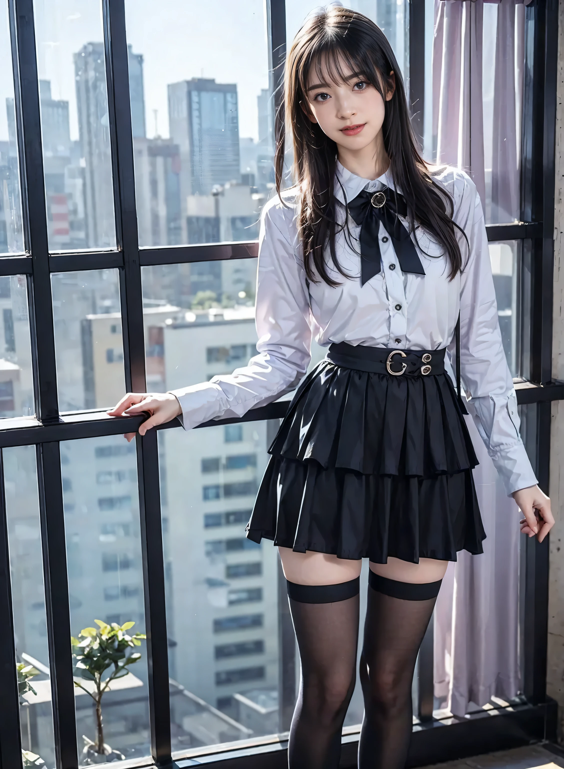 arafed asian woman in a skirt and a white shirt posing for a picture, japanese school uniform, japanese girl school uniform, wearing japanese school uniform, young gravure idol, realistic young gravure idol, young pretty gravure idol, Seifuku, cute schoolgirl, young skinny gravure idol, japanese model, jk uniform, beautiful anime high school girl, smile, wear black thigh high socks, Wear loafers, video , long foot, slender , whole body, long black hair straight, purple mouthpiece , purple eyeshadow,