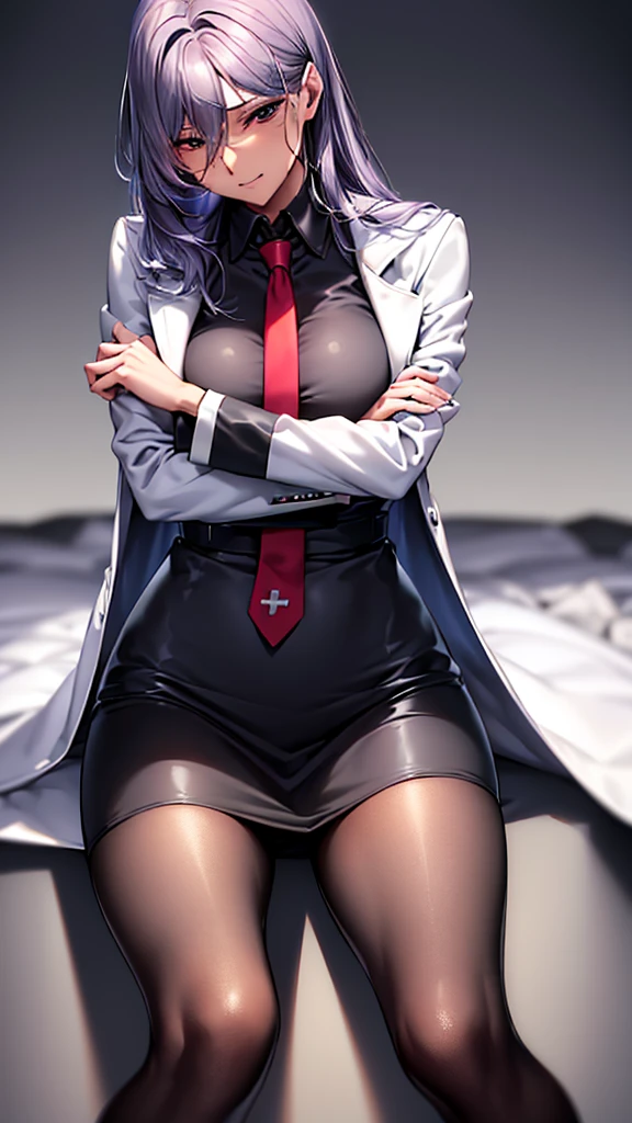NSFW,1girl,Silver Hair,Red eyes,Curly medium short hair,Square glasses,Wearing a large white coat,hoodie,,Dairy-free,garter belt,Expressionless,desk,Character portrait,full Art,Bikini pants,pussy line