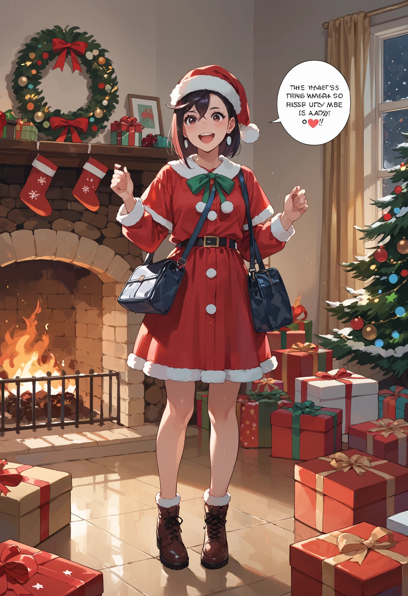 rape, Momose Momo in a Santa suit standing with a bag of gifts near a burning fireplace, happy smile on her face, loud onomatopoeic speech, full-length front view